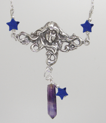 Sterling Silver Woman Maiden of the Morning Star Necklace With Amethyst And Lapis Lazuli Stars